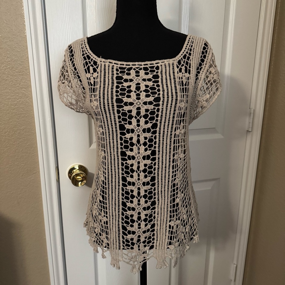 Crochet Lace Short Sleeve Tunic Top - Cream
